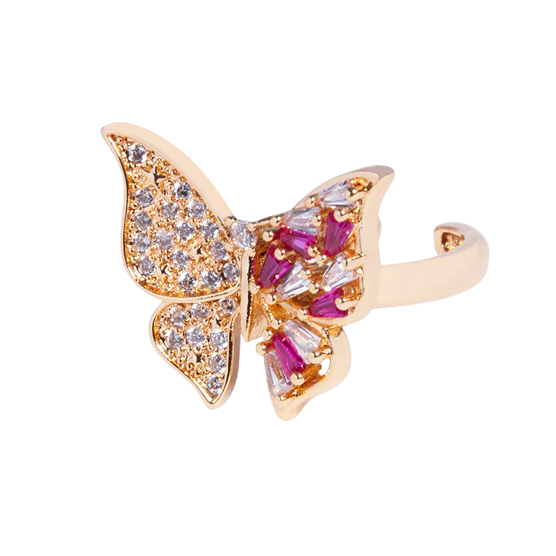 Imagen del producto: Anillo graduable en rodio mariposa grande con microcircones transparentes y fuscia