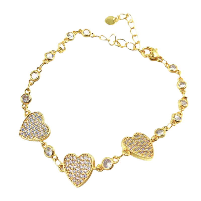 Imagen del producto: Pulsera graduable en rodio 3 corazones con microcircones transparentes