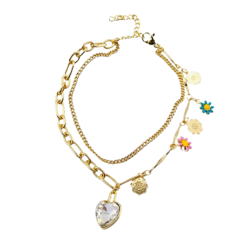 Imagen del producto: Pulsera doble rodio graduable flores y corazon con circon