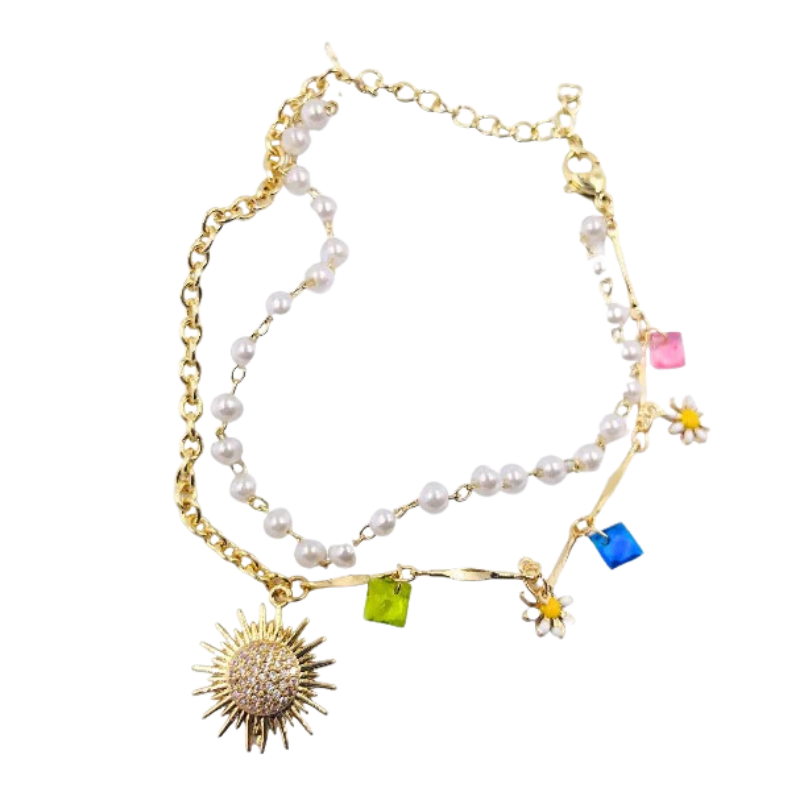 Imagen del producto: Pulsera doble rodio graduable sol flores y circones