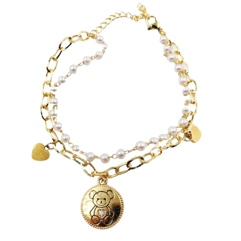 Imagen del producto: Pulsera rodio graduable de perlas osito y cadenas