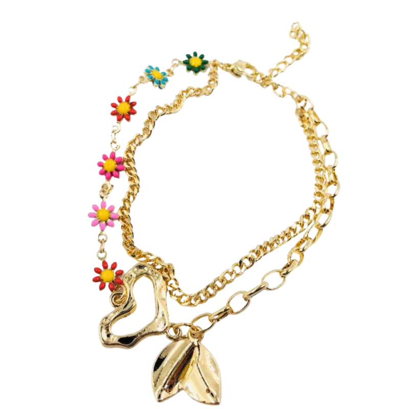 Imagen del producto: Pulsera doble rodio graduable corazon hojas y flores