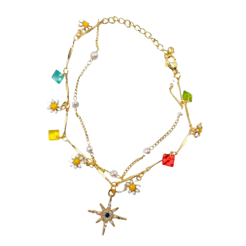 Imagen del producto: Pulsera rodio graduable flores perlas circones y estrella de david