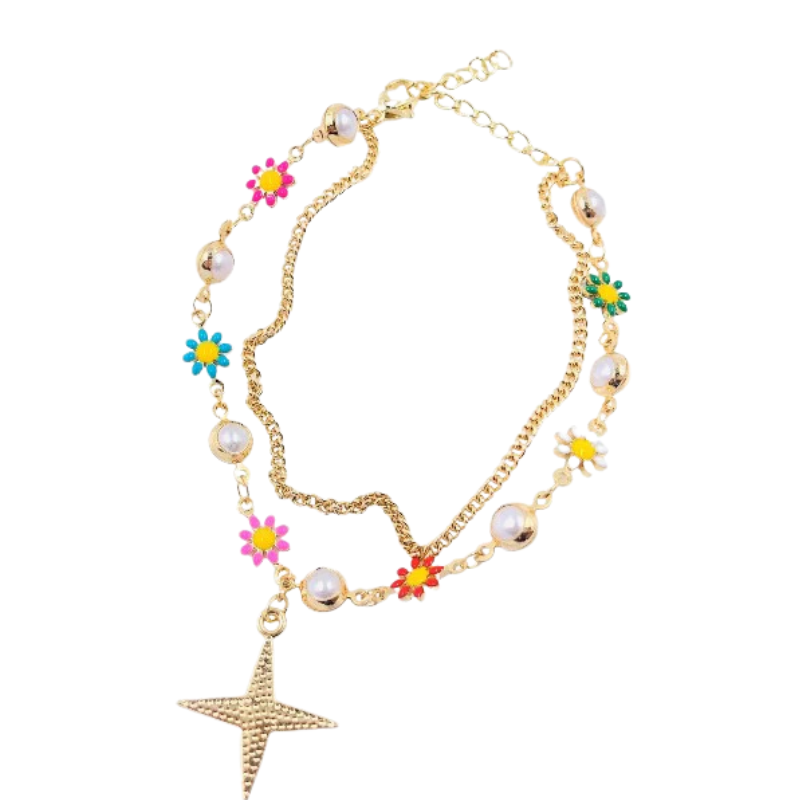 Imagen del producto: Pulsera rodio graduable flores perlas circones y estrella 4 puntas